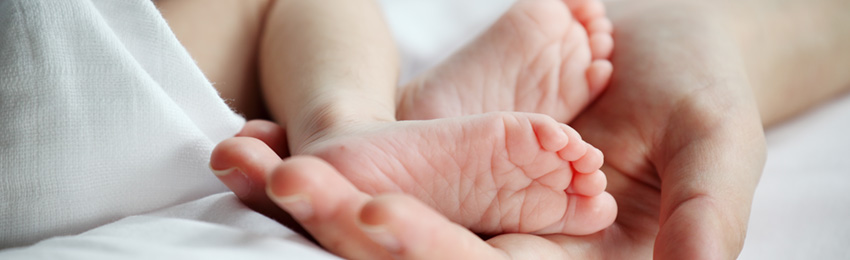 Close-up of a newborn baby’s feet resting in an adult hand
