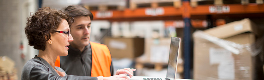 Professionals analyze inventory data in a warehouse